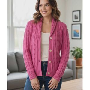 Chaps Size L Cardigan Shawl Collar Cotton Sweater Cable Knit Pink Old Money Chic